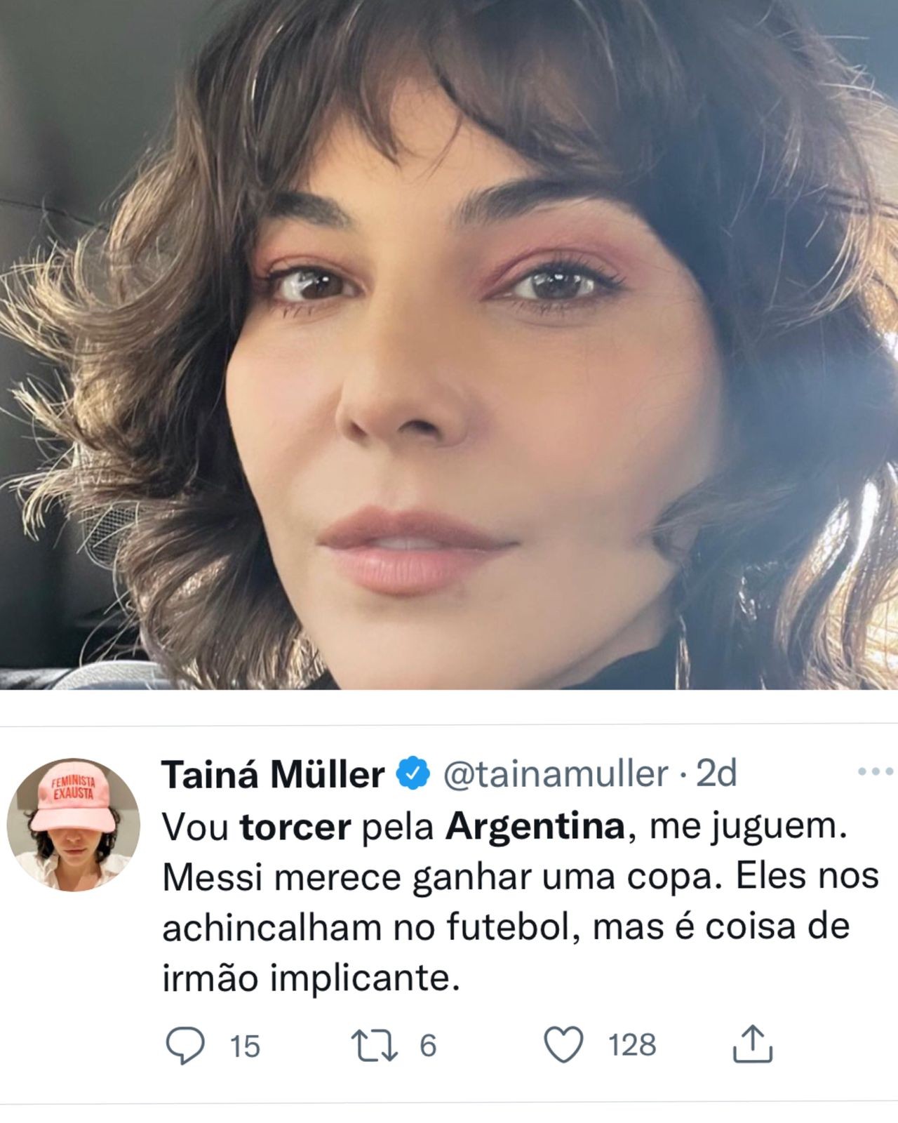 A atriz Tainá Müller, de "Bom dia, Verônica", decidiu torcer pela Argentina após o Brasil ficar fora da disputa — Foto: Reprodução