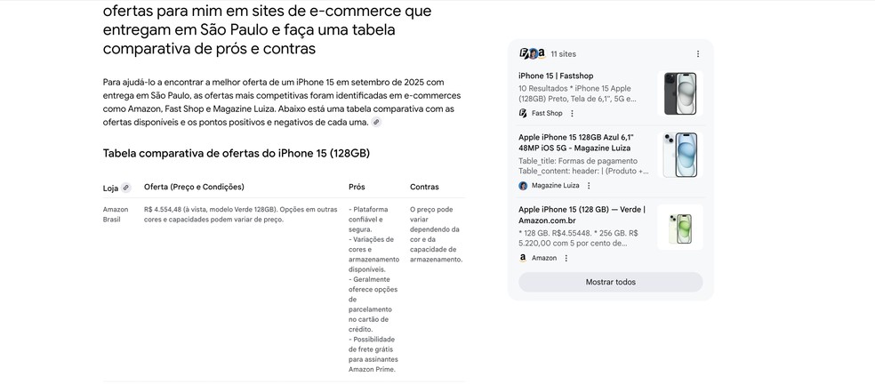 Busca comparativa por iPhone 15 com o "Modo IA" entrega bons resultados — Foto: Reprodução/Google