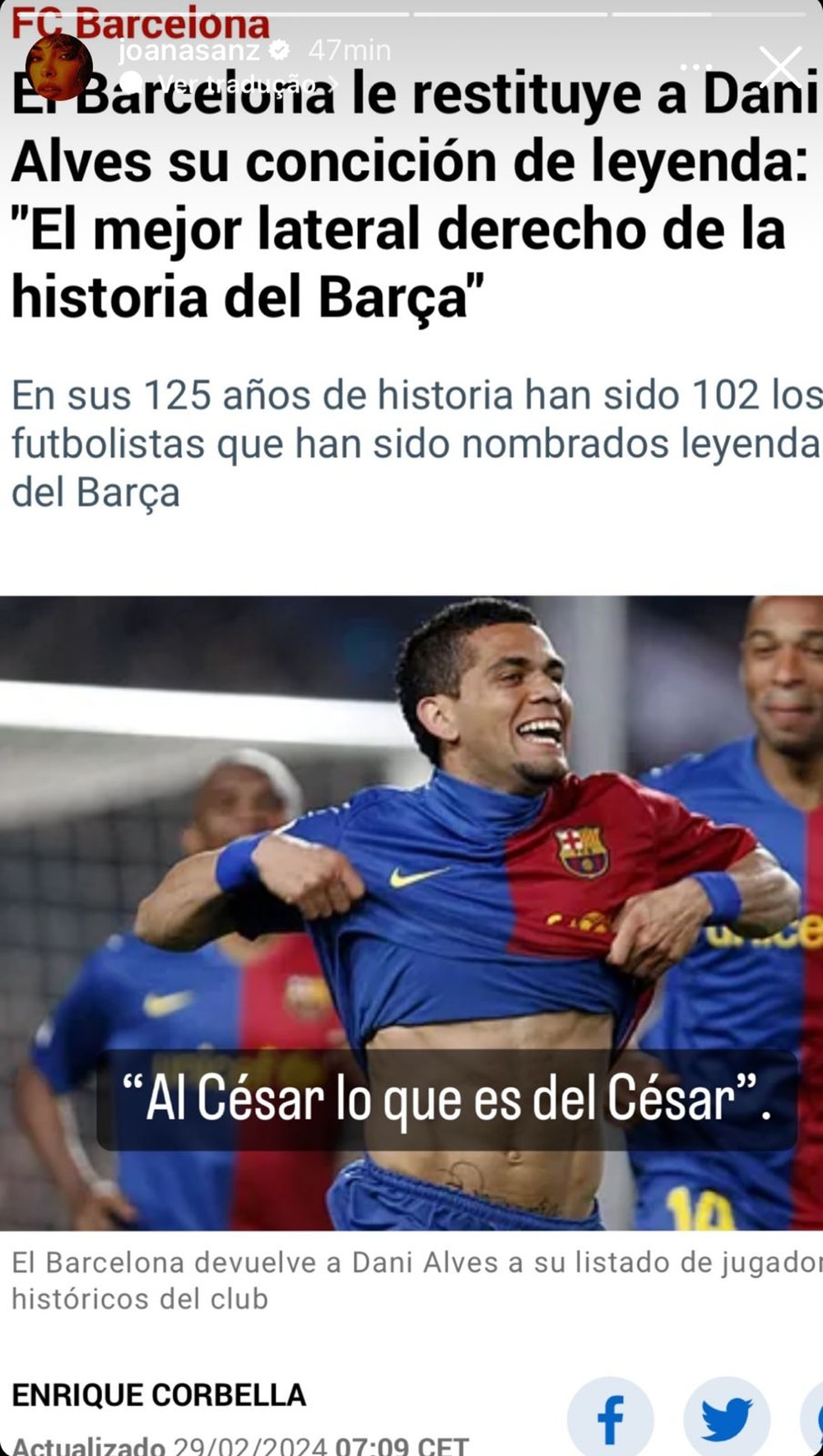 Joana Sanz comemora retorno de Daniel Alves à lista de lendas do ...