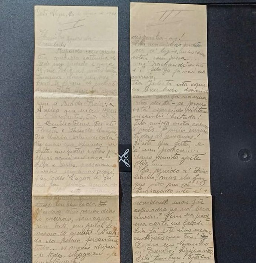 Carta de 1941 em que Helena Stein conta sua experiência na enchente de Porto Alegre — Foto: Acervo Pessoal/ Helena Stein