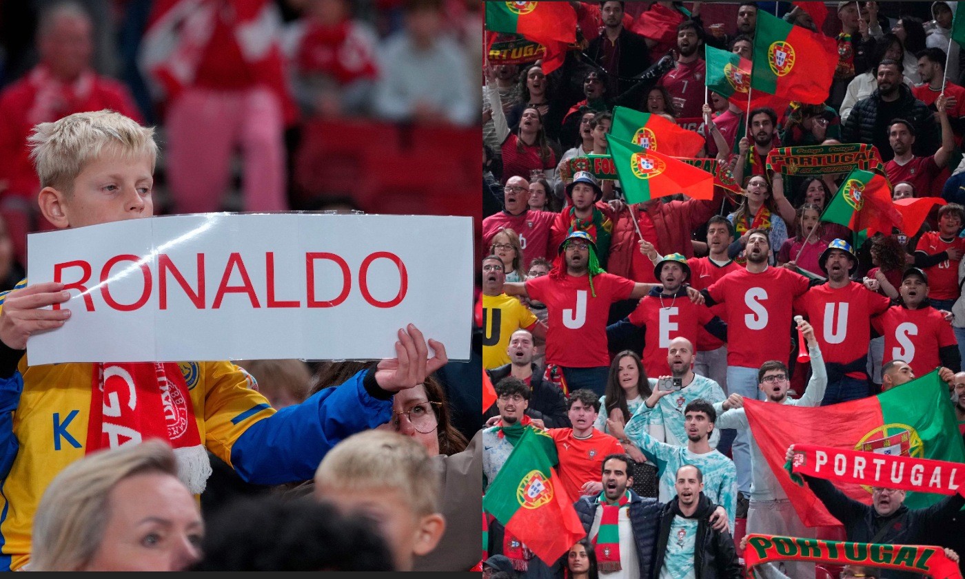 Torcedores se dividem em apoio a Jorge Jesus e Cristiano Ronaldo nas arquibancadas em Dinamarca x Portugal - O GLOBO