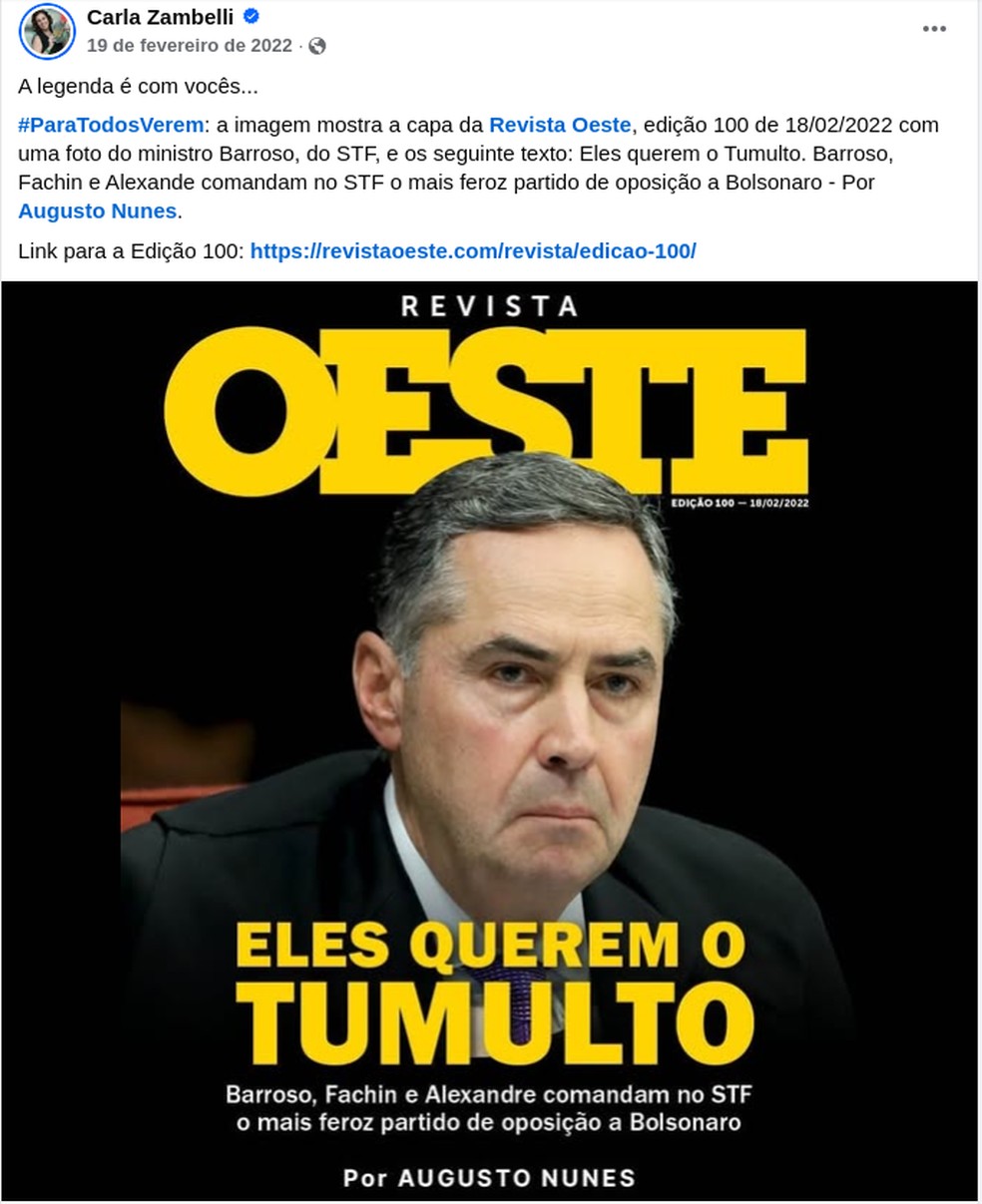Postagem da deputada federal Carla Zambelli (PL-SP) citada na ação — Foto: Reprodução