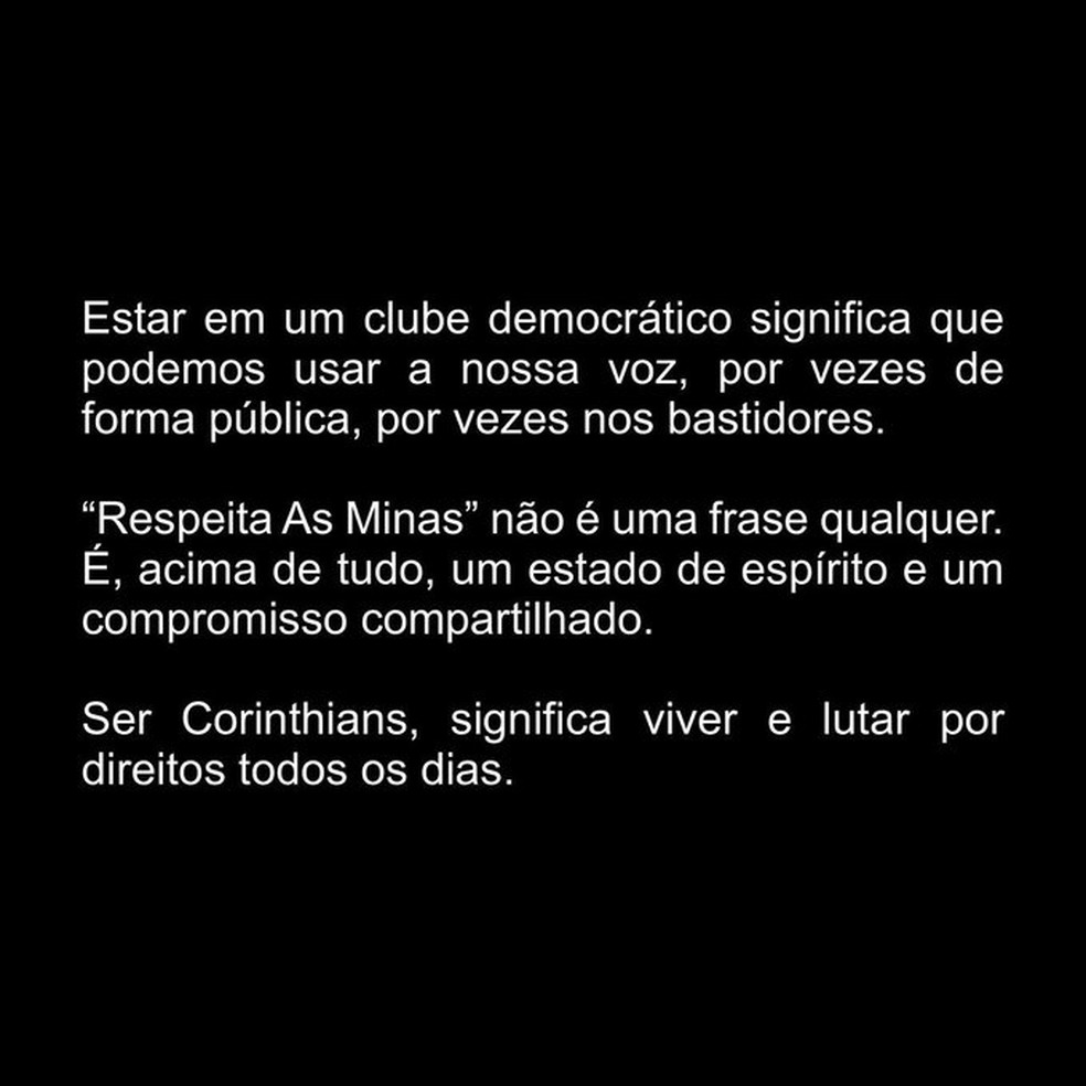 Em dia de estreia de Cuca, jogadoras do Corinthians publicam mensagem de  apoio ao movimento 'Respeita as Minas' em suas redes sociais