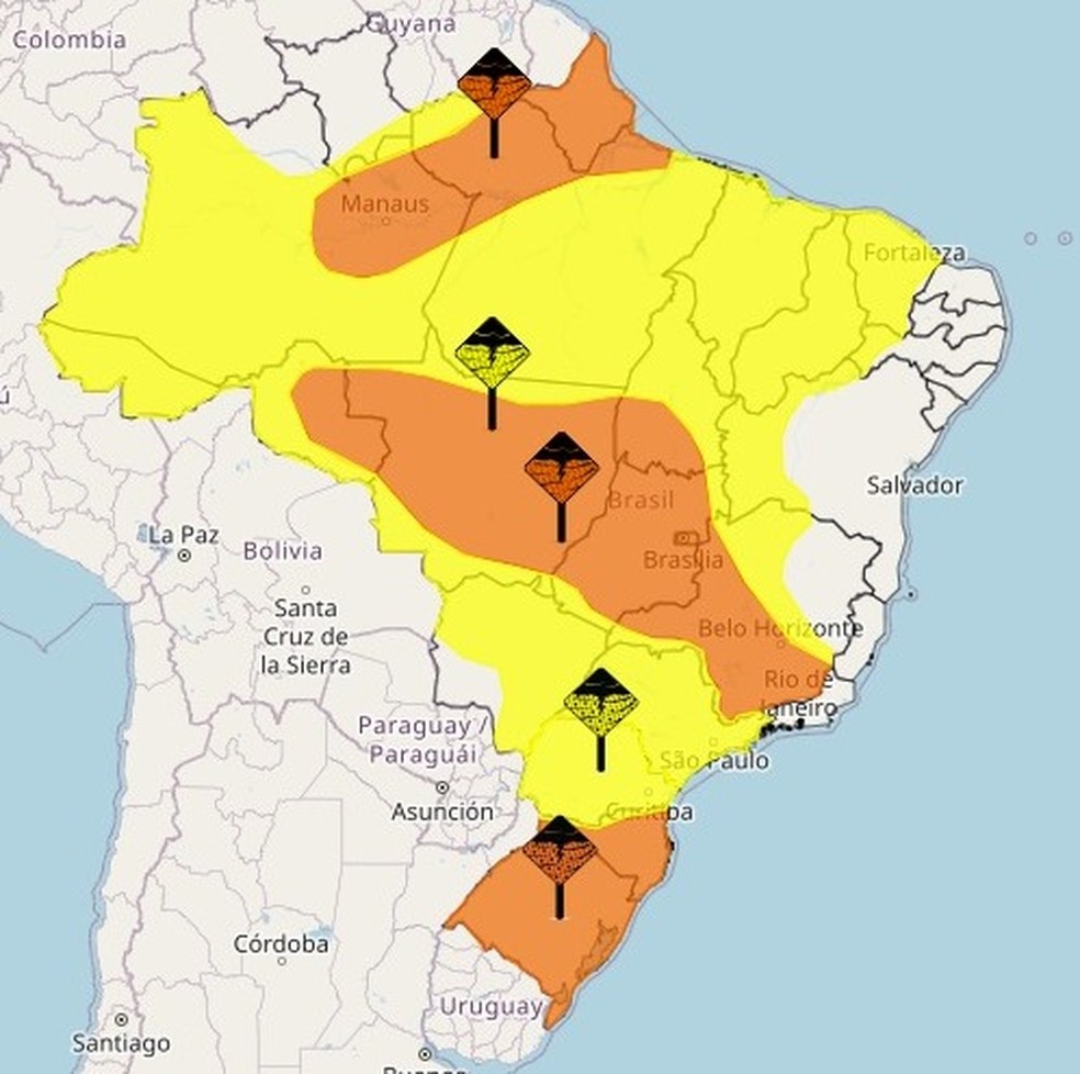 Brasil tem alerta de perigo por chuvas para a maior parte do país; veja previsão — Foto: Inmet
