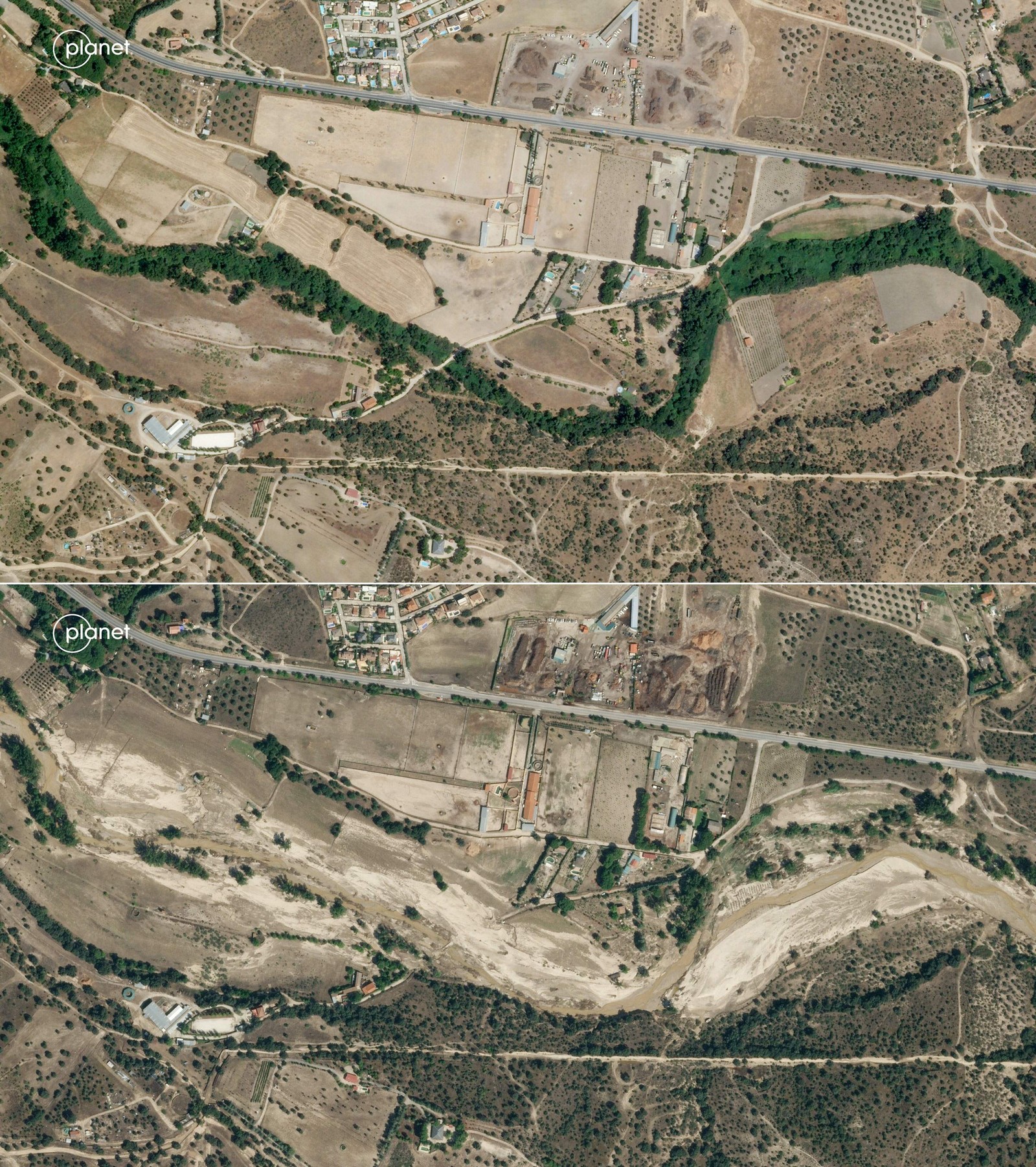 Acima, imagem de satélite do rio Arroyo Grande, em Villamanta, em 16 de julho de 2022; abaixo, a mesma área, em 5 de setembro de 2023, após fortes chuvas e enchentes — Foto: Planet Labs PBC / AFP