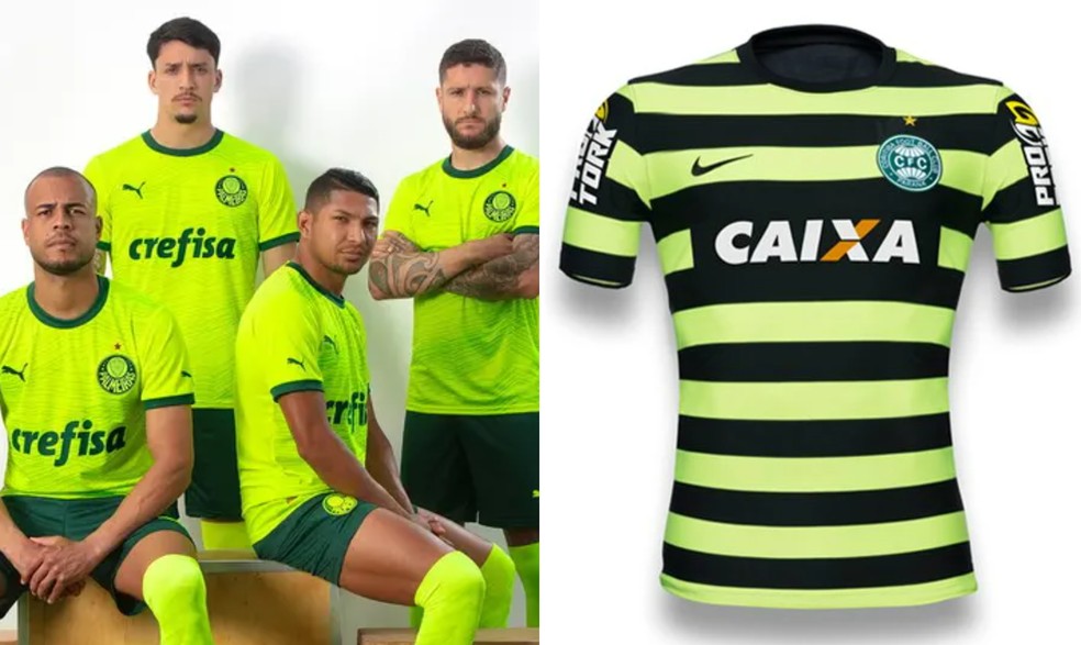 Palmeiras e Coritiba têm uniformes verde-limão — Foto: Divulgação/Palmeiras e Divulgação/Nike