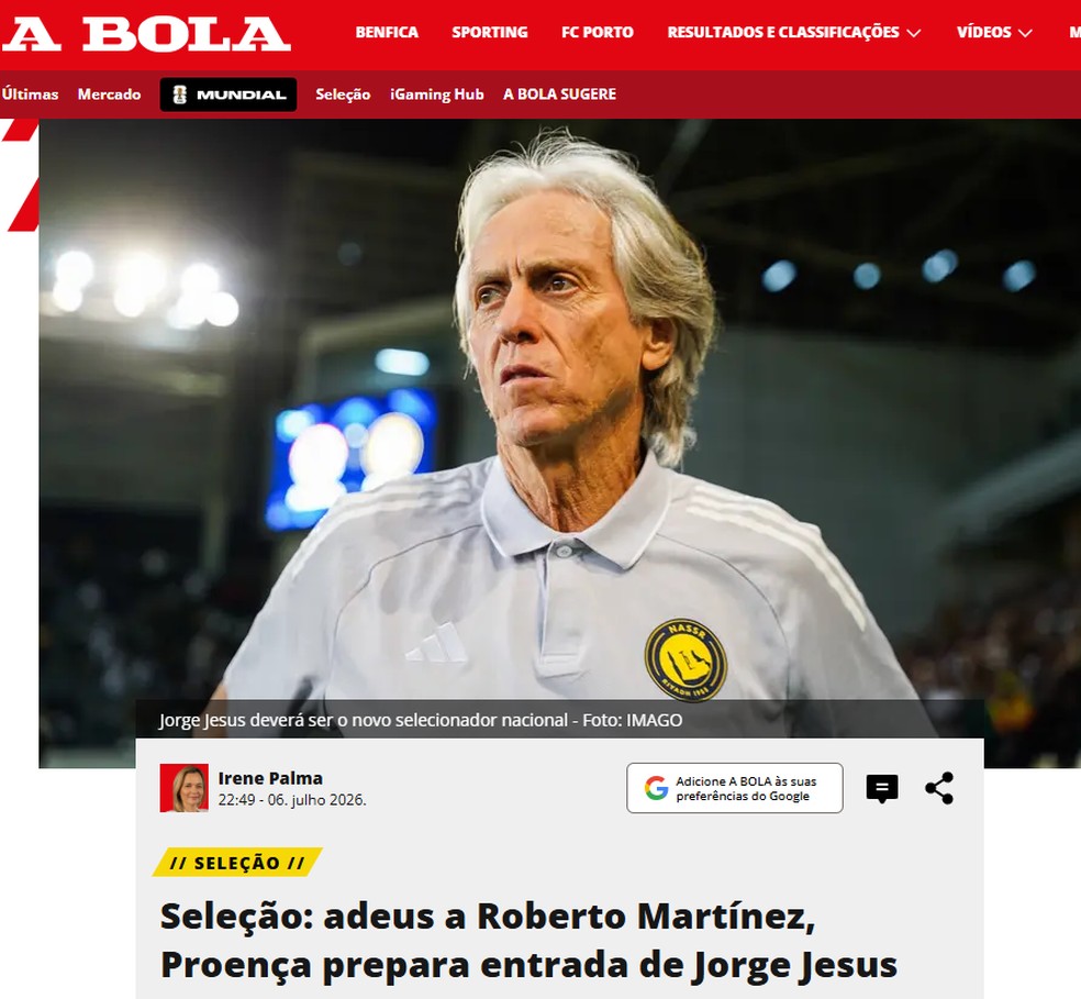 Jornal A BOLA noticia que Jorge Jesus ser&aacute; o novo t&eacute;cnico de Portugal &mdash; Foto: Reprodu&ccedil;&atilde;o