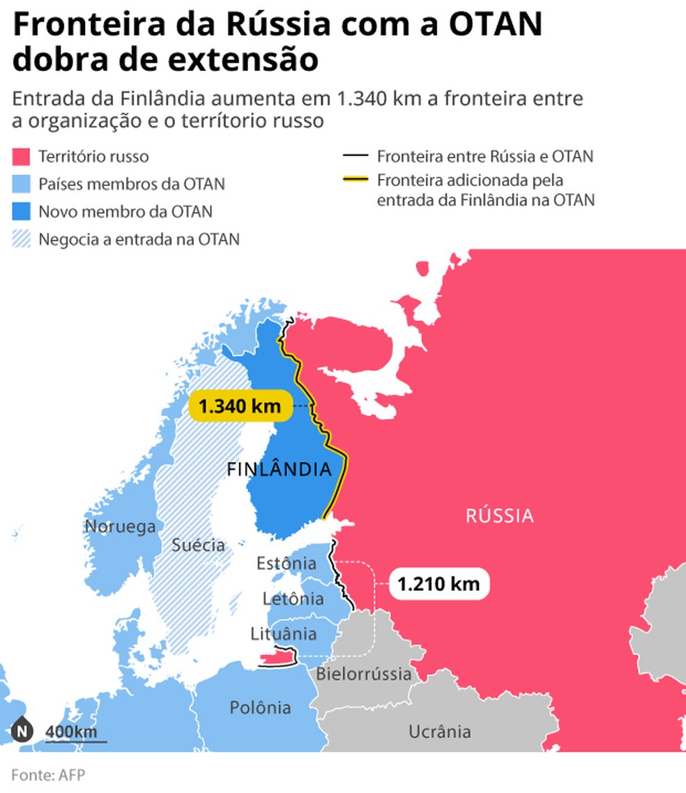 Fronteira da Rússia com a OTAN aumentou em 1.300 km — Foto: Editoria de Arte
