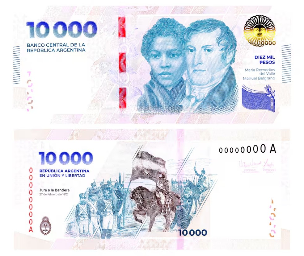 Frente e verso da nova cédula de 10 mil pesos da Argentina — Foto: Divulgação