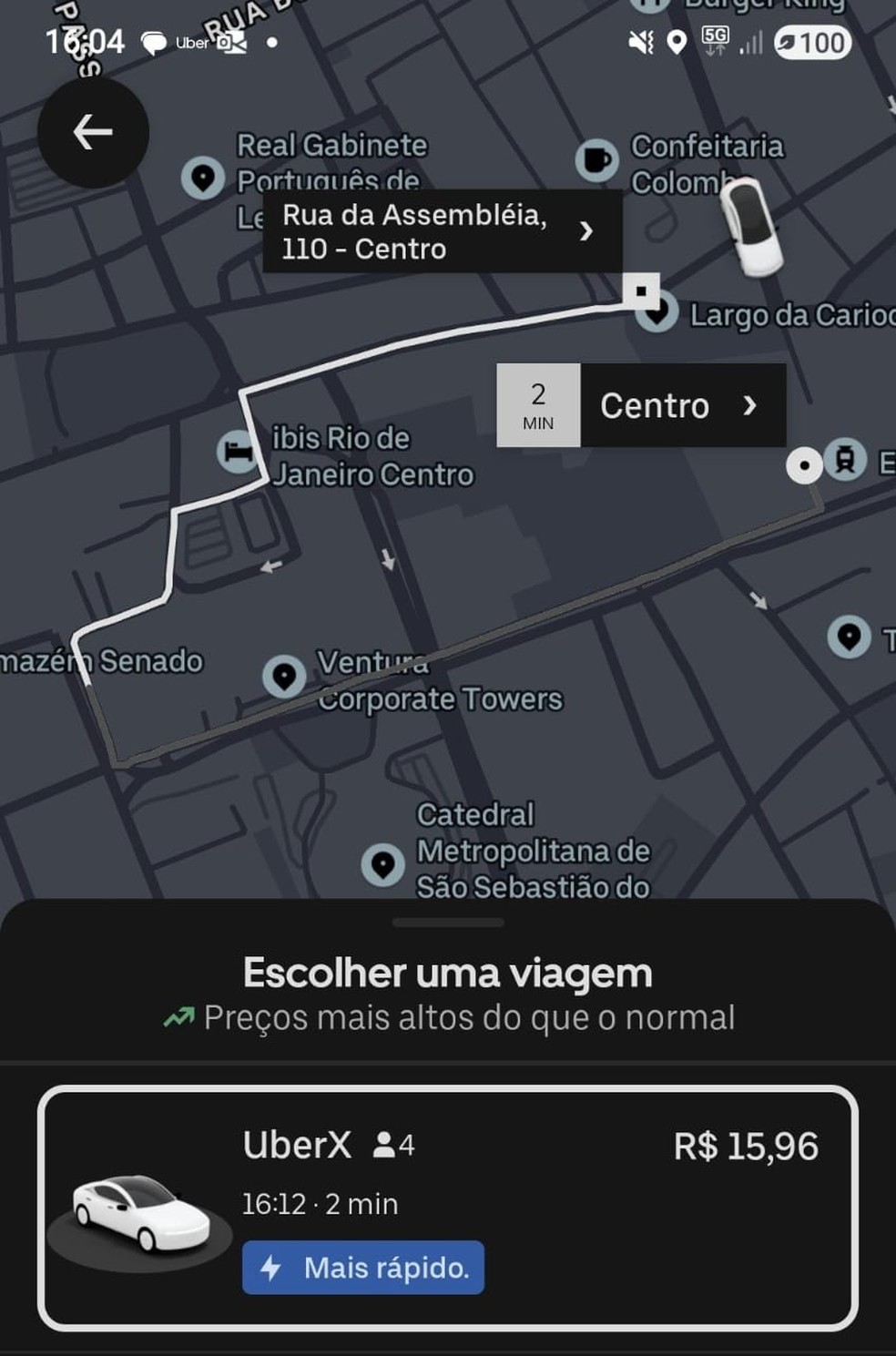 Corrida simulada no app da Uber — Foto: Reprodução