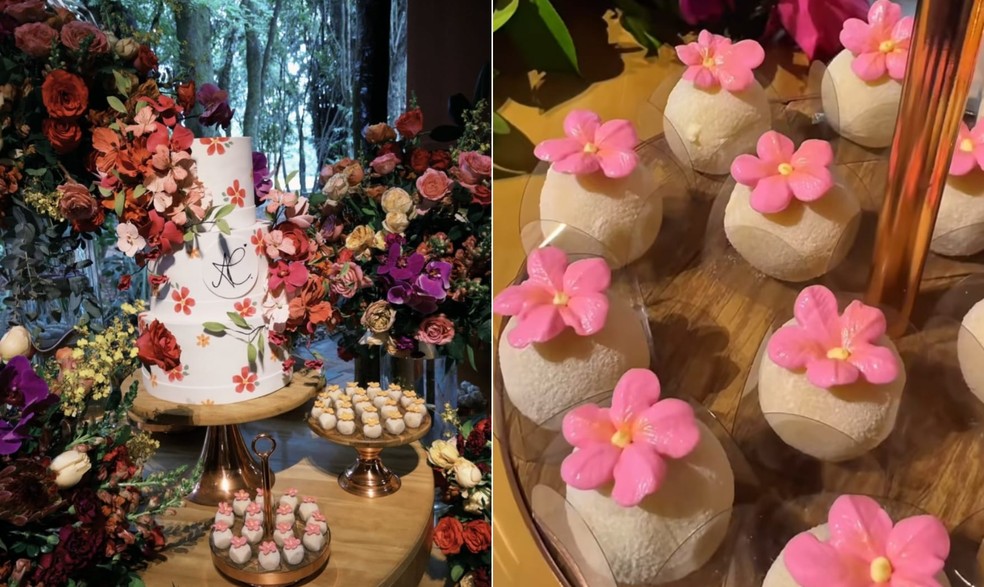 Bolo de tr&ecirc;s andares, doces e arranjos florais na festa de Ana Castela &mdash; Foto: Reprodu&ccedil;&atilde;o/redes sociais