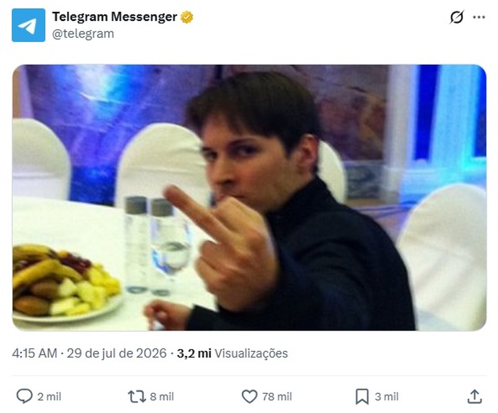 Publica&ccedil;&atilde;o do servi&ccedil;o de mensagens Telegram na rede social X &mdash; Foto: Reprodu&ccedil;&atilde;o/Redes Sociais