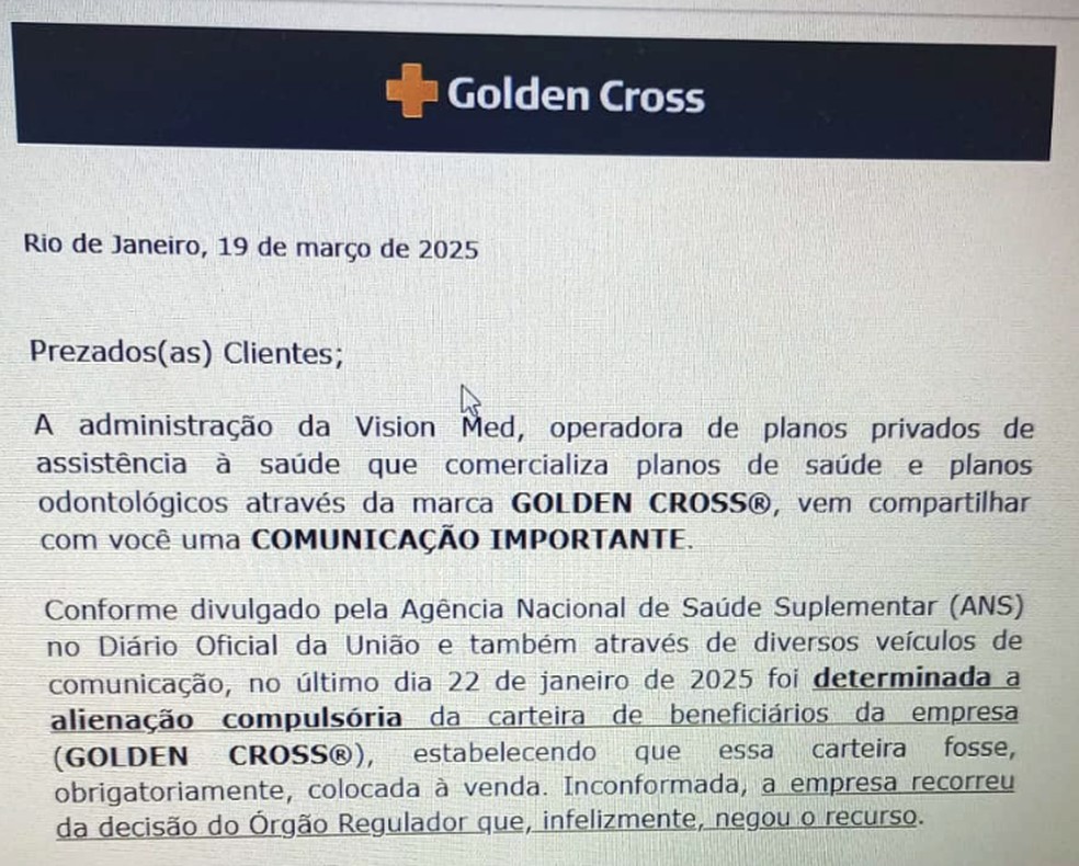 Golden Cross comunica beneficiários sobre portabilidade especial em até 60 dias — Foto: Reprodução/Arquivo
