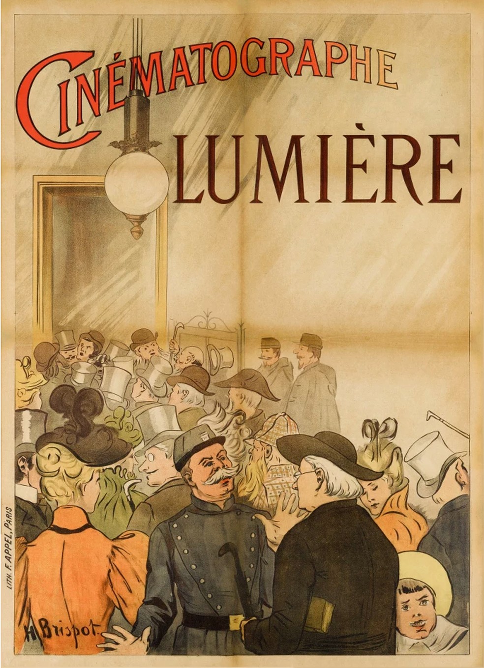 Poster for the first screening of a film, with paid tickets, on December 28, 1895. The illustration is by the French artist Henri Brispot — Photo: Henri Brispot / 1895