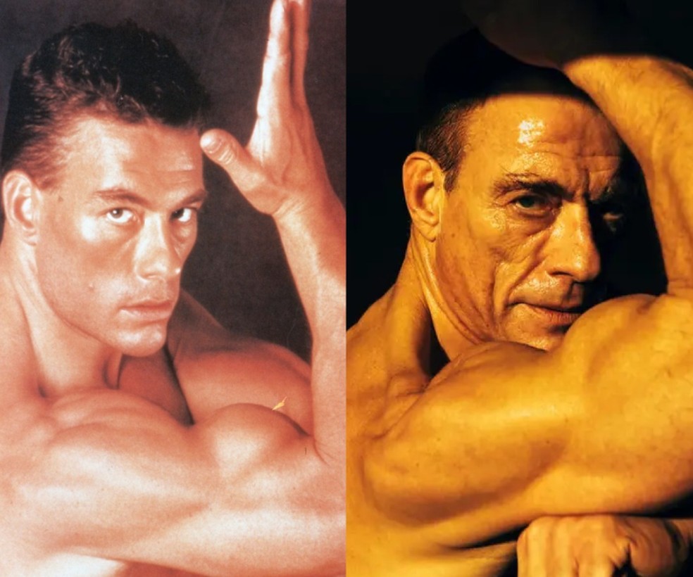 Jean-Claude Van Damme aos 27 anos e, à direita, aos 63: ator mantém condicionamento físico — Foto: Instagram