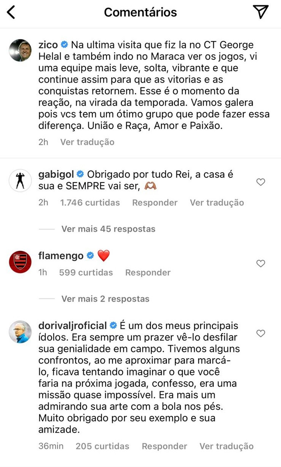 Zico vê Flamengo em 'momento de reação' e Dorival retribui elogio