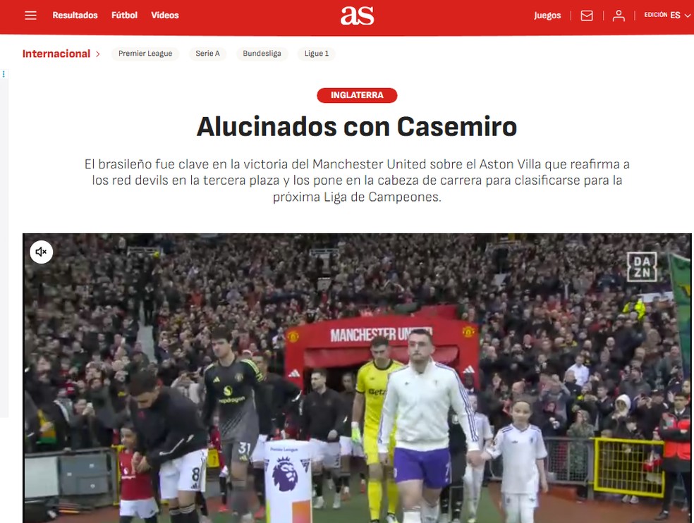 Jornal As destaca a atuação de Casemiro — Foto: Reprodução