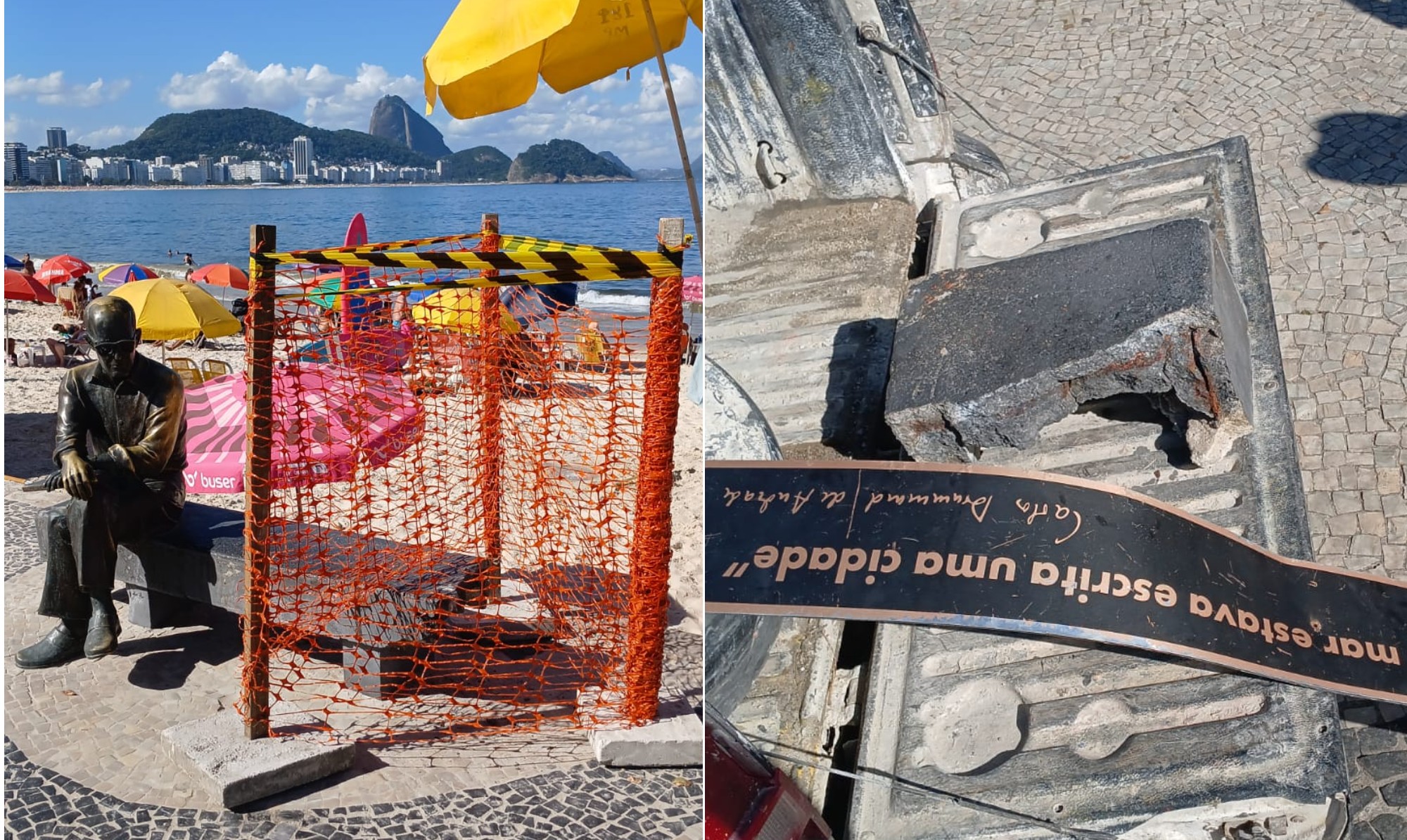 Acredite: turista quebra 'Banco de Drummond', em Copacabana, ao tentar abrir coco a pancadas