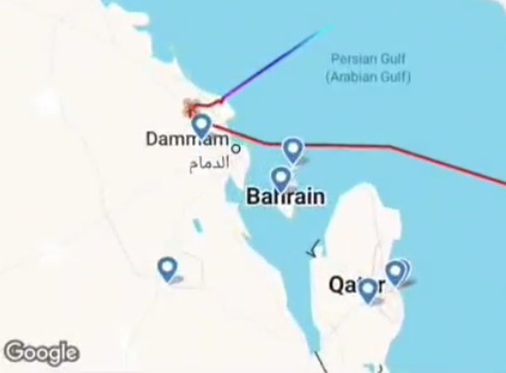 Mapa de ação do drone americano MQ 4C desaparecido no golfo pérsico — Foto: Reprodução: FlightRadar