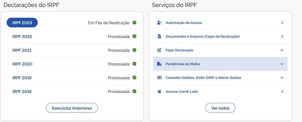 e-CAC, malha fina /consulta — Foto: Reprodução de tela do domínio irpf.cav.receita.fazenda.gov.br