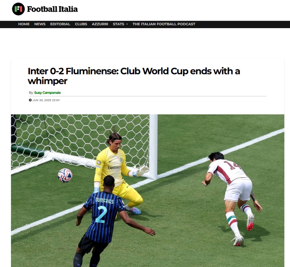 Football Italia destaca derrota da Inter — Foto: Reprodução