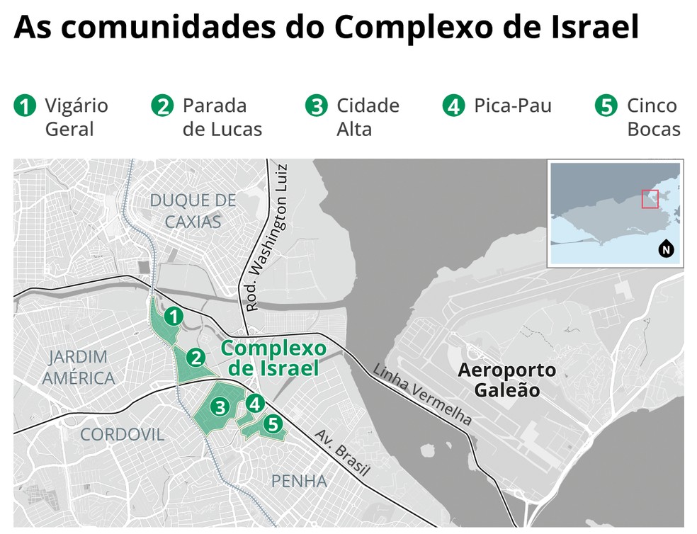 Mapa mostra as cinco comunidades do Complexo de Israel — Foto: Editoria de Arte