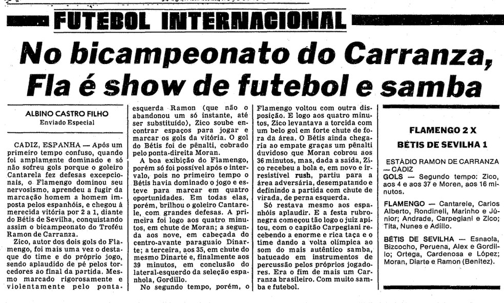 Em 1980, o GLOBO destaca bicampeonato do Flamengo no Troféu Ramón de Carranza, na Espanha — Foto: Arquivo/O Globo