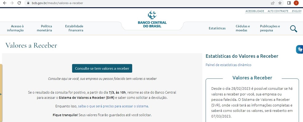 Página inicial do site Valores a Receber, do Banco Central — Foto: Reprodução
