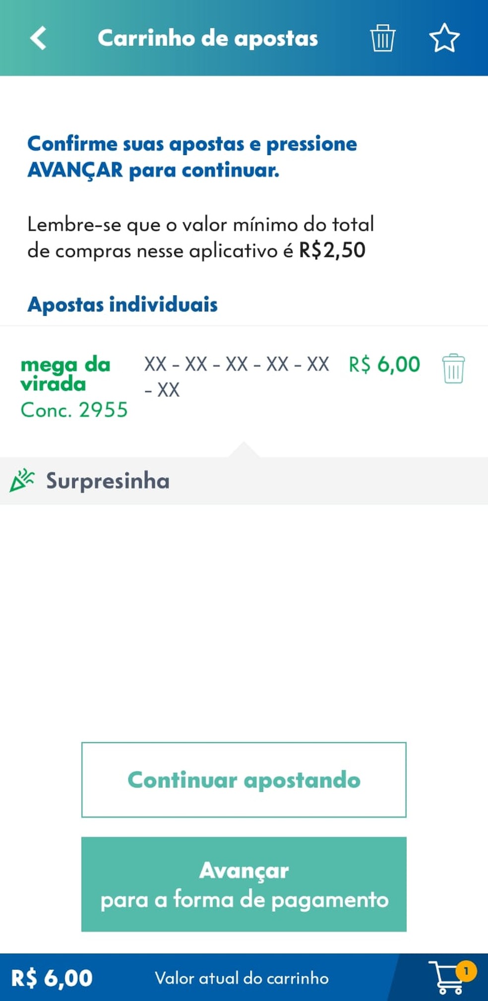 Carrinho de apostas da Mega da Virada 2025 via app Loterias CAIXA — Foto: Reprodução: Caixa Econômica Federal