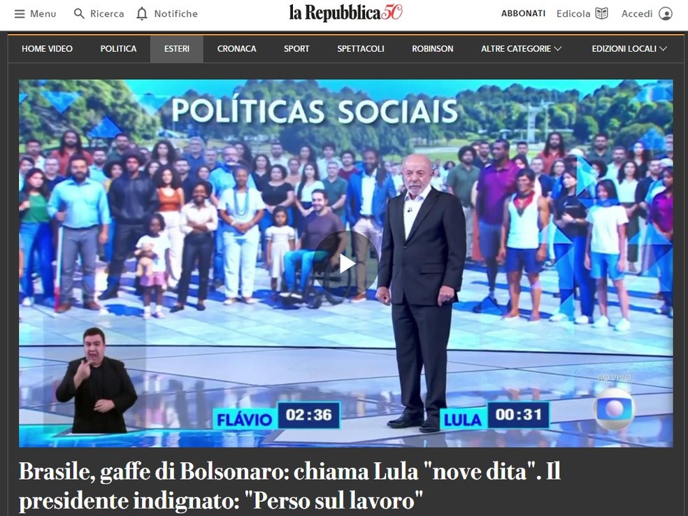 Jornal italiano destacou gafe de Flávio Bolsonaro ao chamar Lula de "nove dedos" durante debate da TV Globo e a reação do presidente à provocação — Foto: Reprodução/La Repubblica