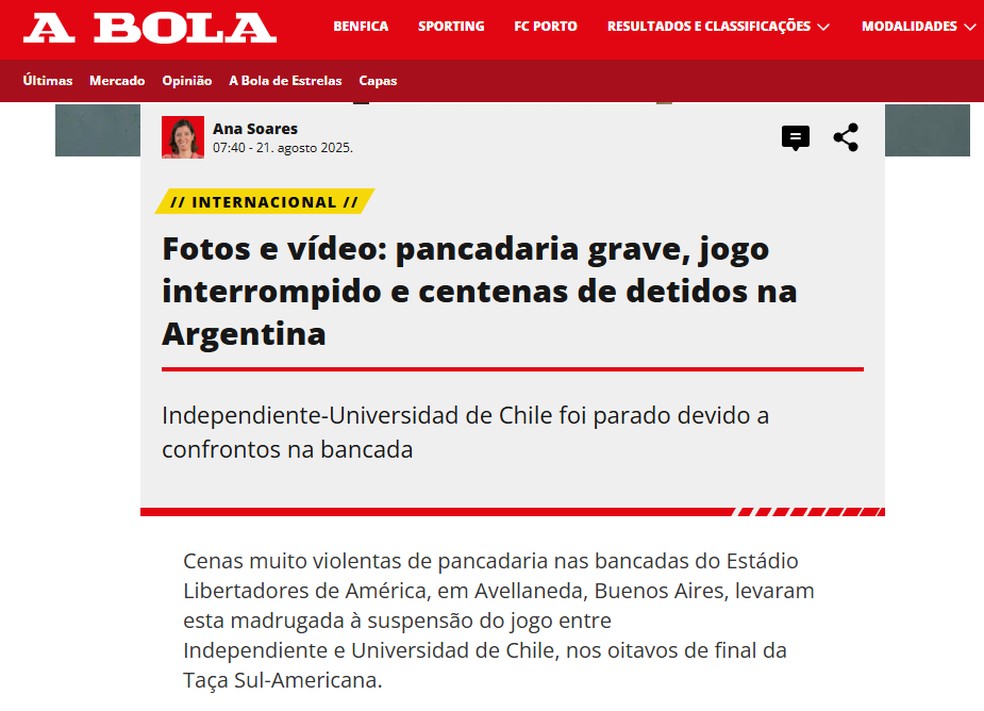 A Bola repercute confusão em Independiente x Universidad de Chile — Foto: Reprodução