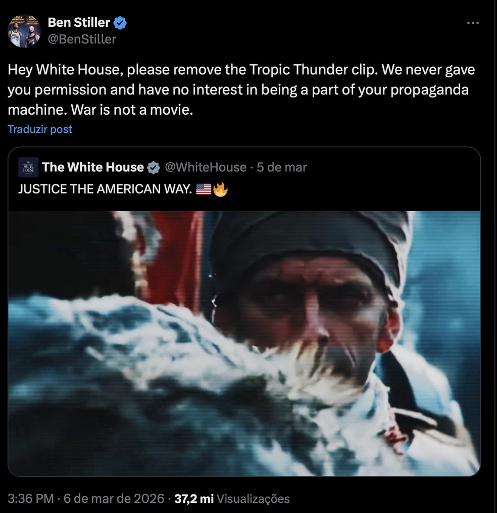 Ator e diretor Ben Stiller pede que Casa Branca apague publicação sobre guerra no Irã que usa trecho do filme'Trovão Tropical' — Foto: Reprodução/Redes sociais - Casa Branca