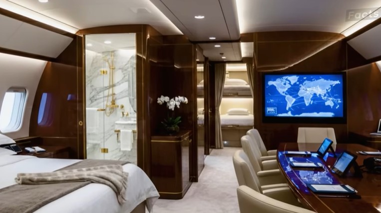 Vista de uma das suítes executivas do avião mostra integração entre quarto, banheiro revestido em mármore e sala de reuniões privativa, reforçando o padrão de luxo do Boeing 747-8 — Foto: Reprodução