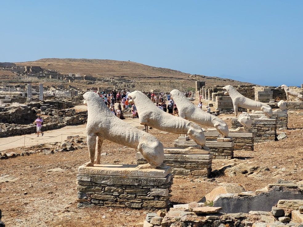 Terraço dos Leões, um dos pontos mais conhecido das ruínas da Ilha de Delos, um dos principais sítios arqueológicos da Grécia, perto de Mykonos — Foto: Eduardo Maia/O Globo