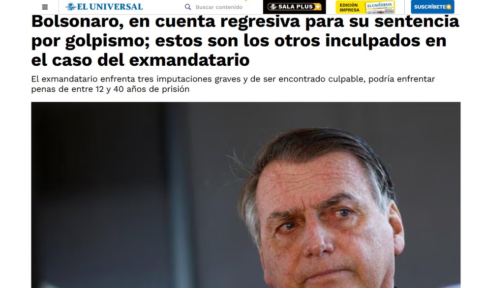 O jornal mexicano repercutiu o início do julgamento de Bolsonaro — Foto: Reprodução