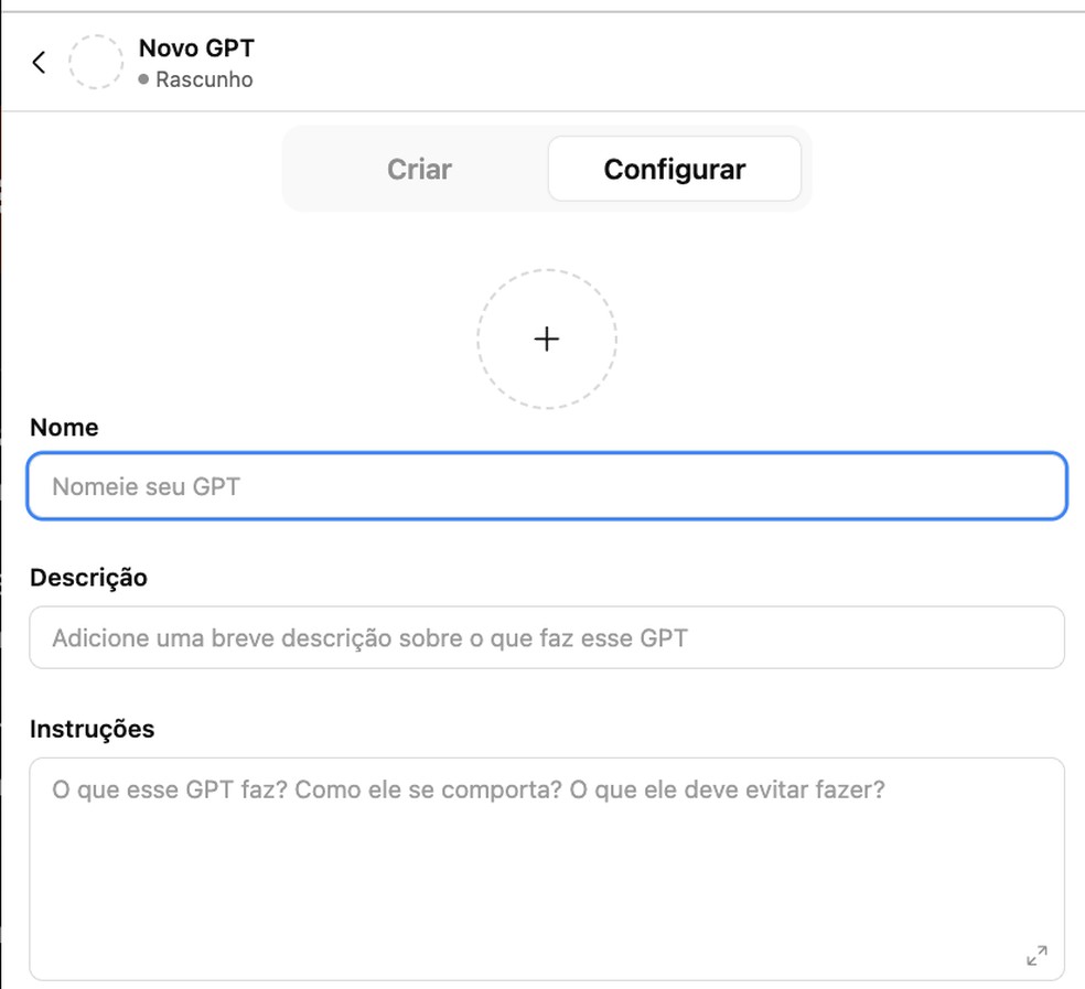 Página para configurar um "GPT" — Foto: Reprodução/ChatGPT