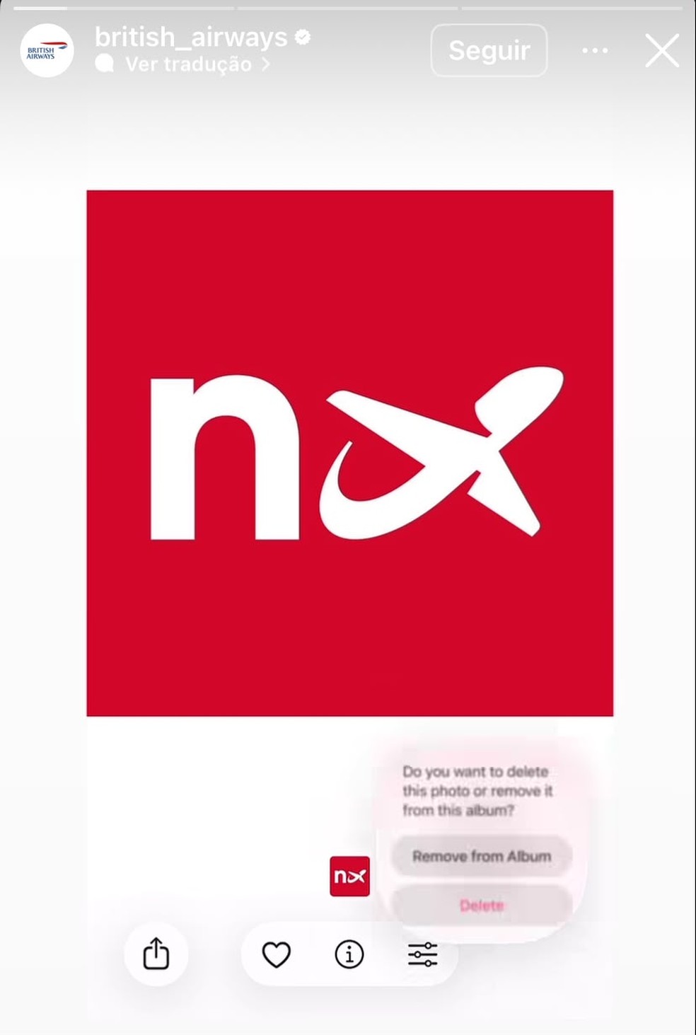 Logotipo da Fly Norwegian sendo deletado da galeria da British Airways ap&oacute;s vit&oacute;ria da Inglaterra sobre a Noruega na Copa do Mundo &mdash; Foto: Reprodu&ccedil;&atilde;o / Instagram