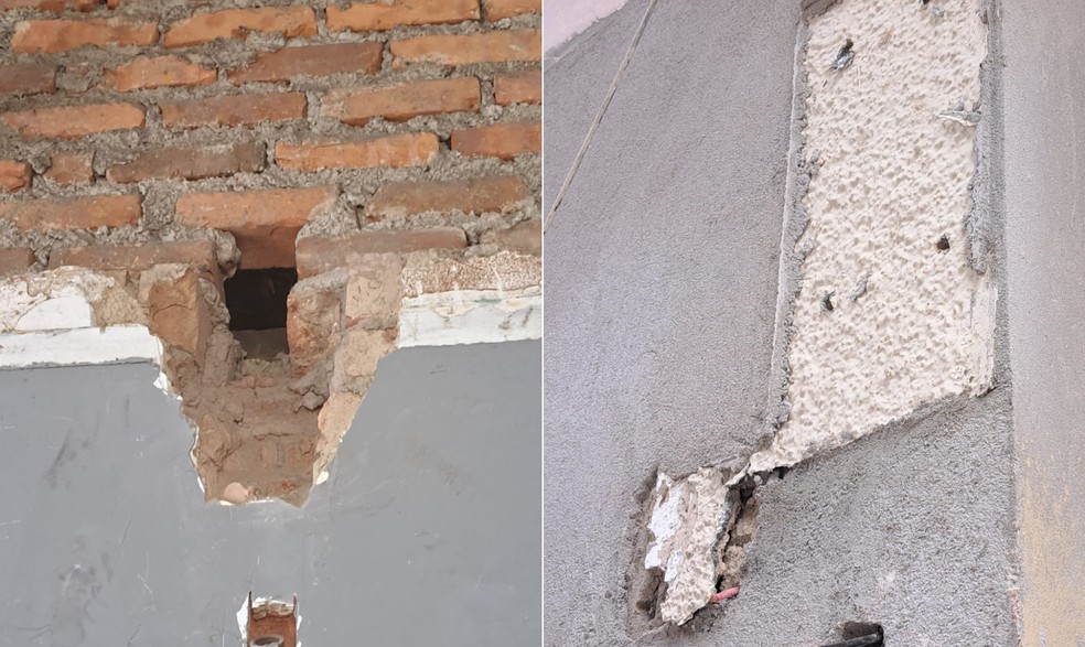 Buraco que restou onde estavam fios para receber os ares-condicionados; ao lado, quadro da Light que também foi subtraído — Foto: Reprodução / Arquivo pessoal