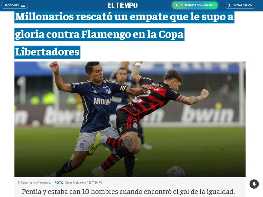 Imprensa colombiana exalta empate do Millonarios com um a menos diante ...