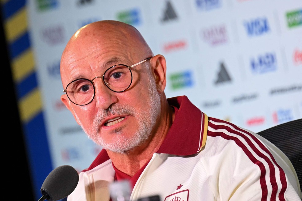 Técnico Luis de la Fuente concede entrevista coletiva em Los Angeles antes da partida contra a Áustria pela Copa — Foto: Patrick T. Fallon / AFP