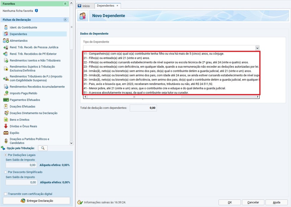 Opções de dependentes no programa de declaração do Imposto de Renda 2025 — Foto: Reprodução