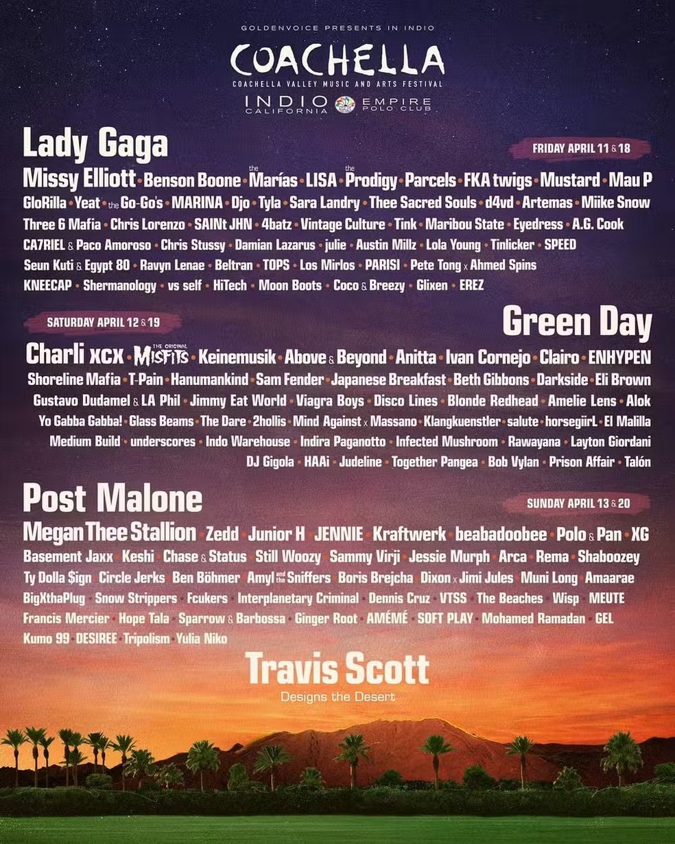 Anitta voltará em 2025 ao Coachella, que terá Lady Gaga, Green Day, Post Malone e Travis Scott