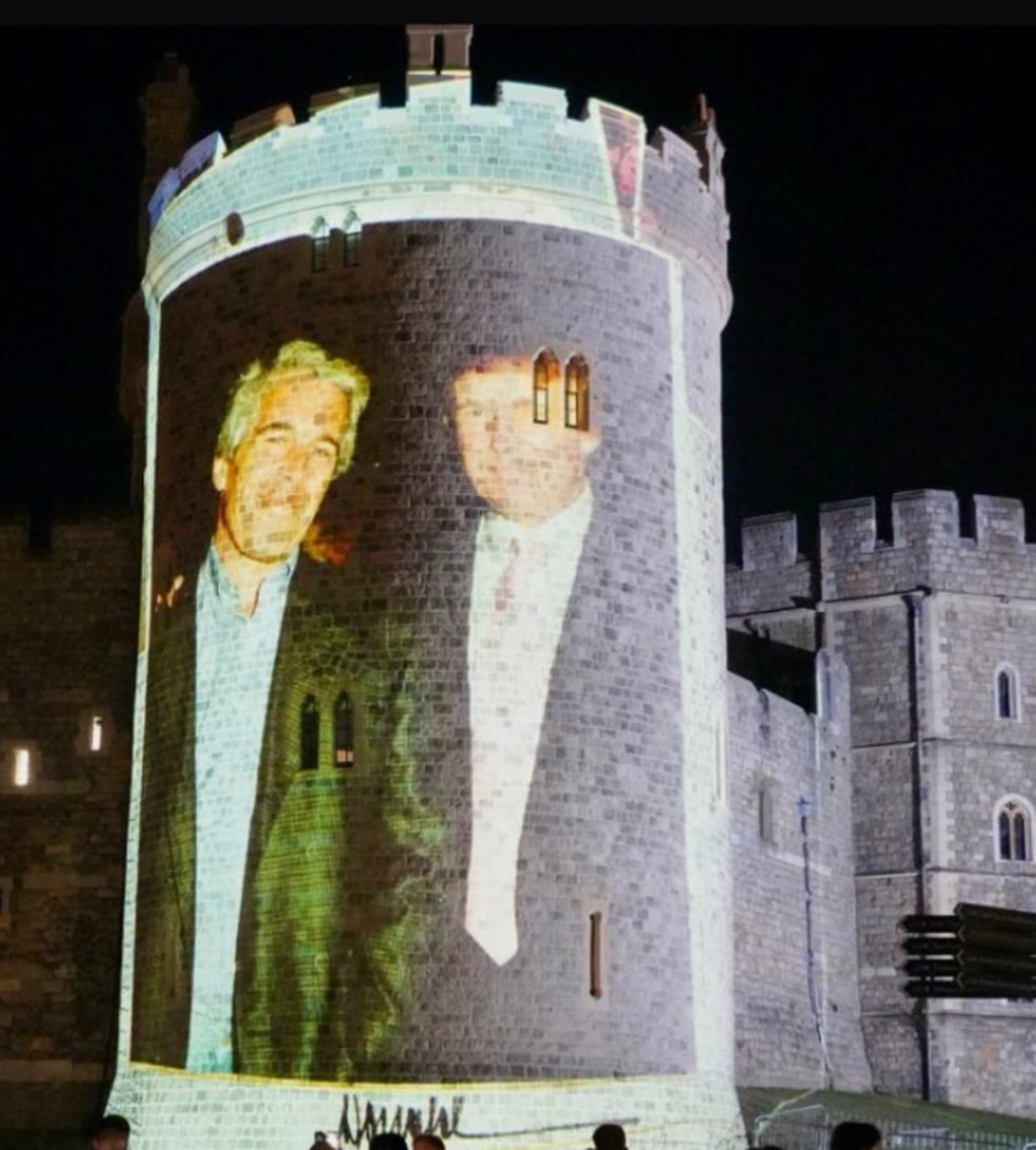 Ativistas projetaram imagens do presidente dos Estados Unidos, Donald Trump, e do criminoso sexual Jeffrey Epstein em uma torre do castelo de Windsor - Foto: Reproduo/Led By Donkeys