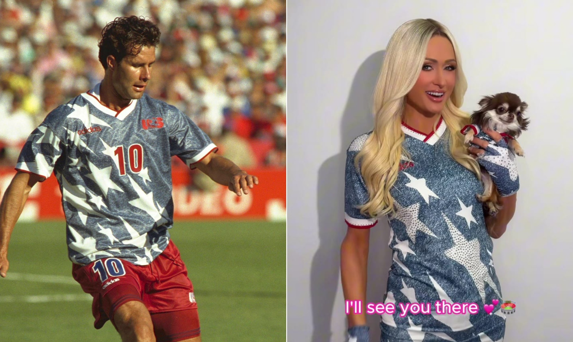 Em look combinado com marido, filhos e cachorro, Paris Hilton dá brilho a camisa dos EUA que nasceu como piada e virou ícone fashion