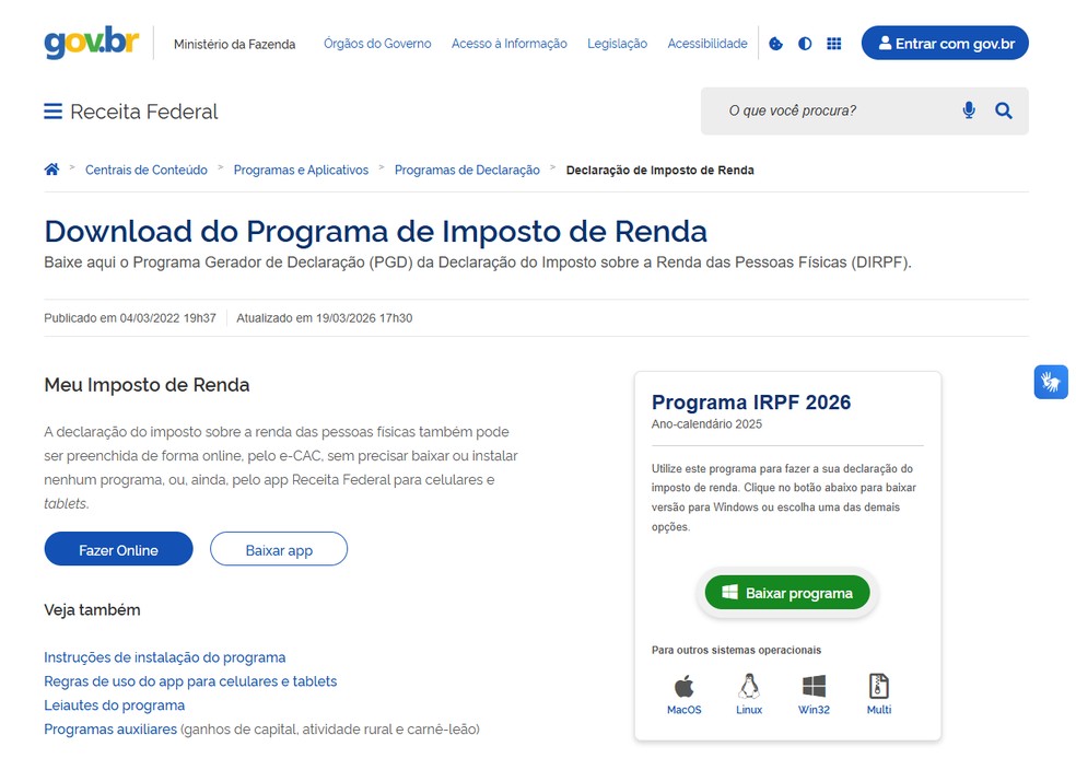 Na página de download do IR 2026, escolha a melhor opção que adeque a sua necessidade — Foto: Reprodução