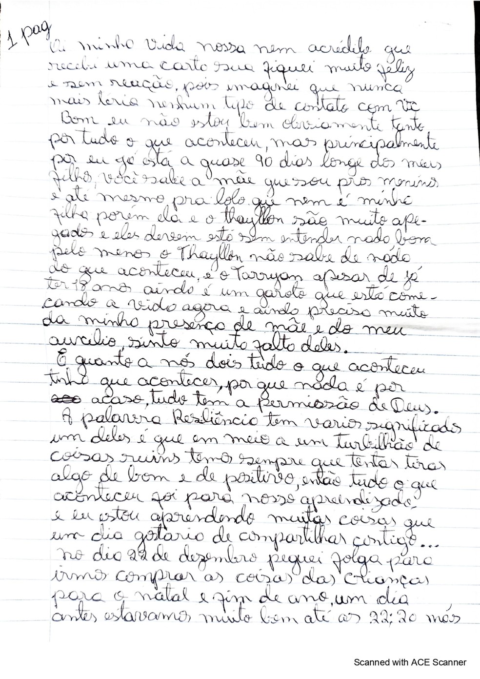 Trecho da carta de Daiane para Gilberto — Foto: Reprodução