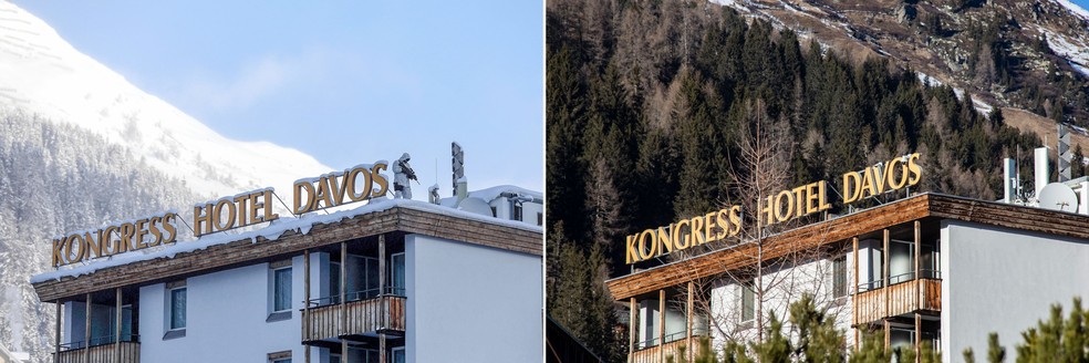 O Kongress Hotel Davos em janeiro de 2017, à esquerda, e janeiro de 2023, à direita — Foto: Simon Dawson/Francesca Volpi/Bloomberg