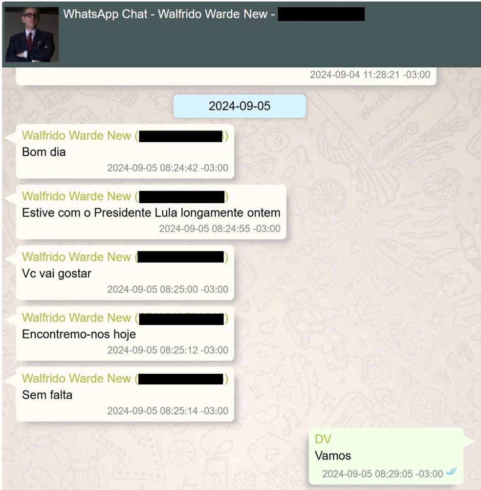 Diálogo entre o advogado Walfrido Warde e Daniel Vorcaro sobre contato com Lula — Foto: Reprodução