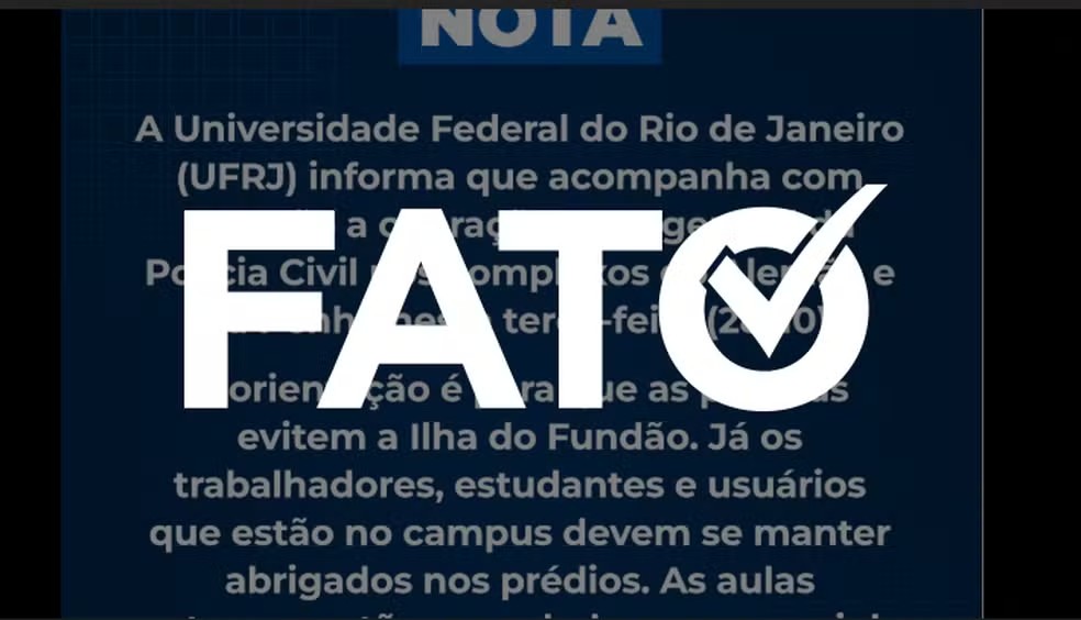 O que há no registro? Publicações virais compartilham uma imagem com colunas de fumaça sobre uma favela, alegando mostrar confrontos entre policiais e traficantes nos complexos do Alemão e da Penha. Por que é #FAKE? O Fato ou Fake submeteu a imagem ao SynthID Detector, ferramenta do Google que identifica conteúdo gerado com a inteligência artificial da própria empresa, e o resultado da análise indicou que a imagem foi feita com esse tipo de recurso. É #FATO: UFRJ cancela aulas noturnas nos campi do Rio de Janeiro e Duque de Caxias — Foto: Reprodução