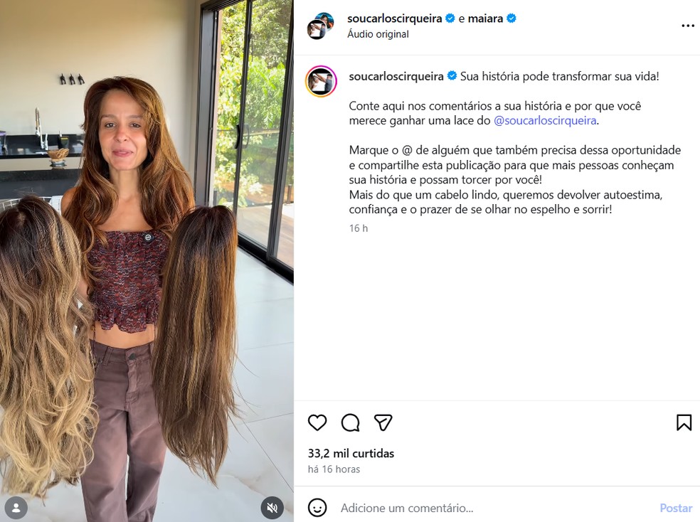 Maiara anuncia doação de peruca por meio das redes sociais — Foto: Reprodução/Instagram